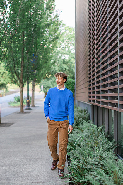 Senior boy in downtown Vancouver and by the Columbia River waterfront