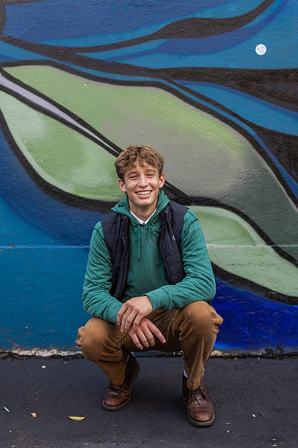 Senior boy in downtown Vancouver and by the Columbia River waterfront