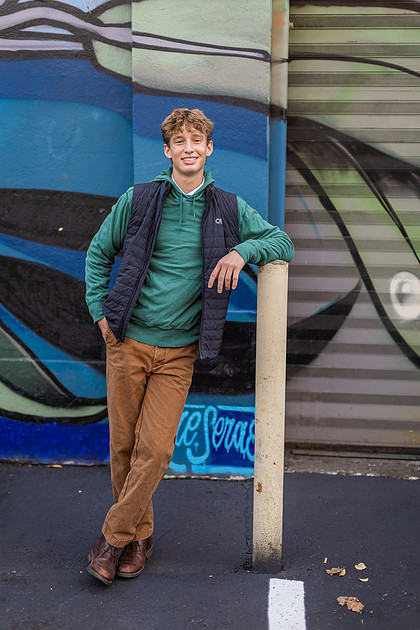 Senior boy in downtown Vancouver and by the Columbia River waterfront