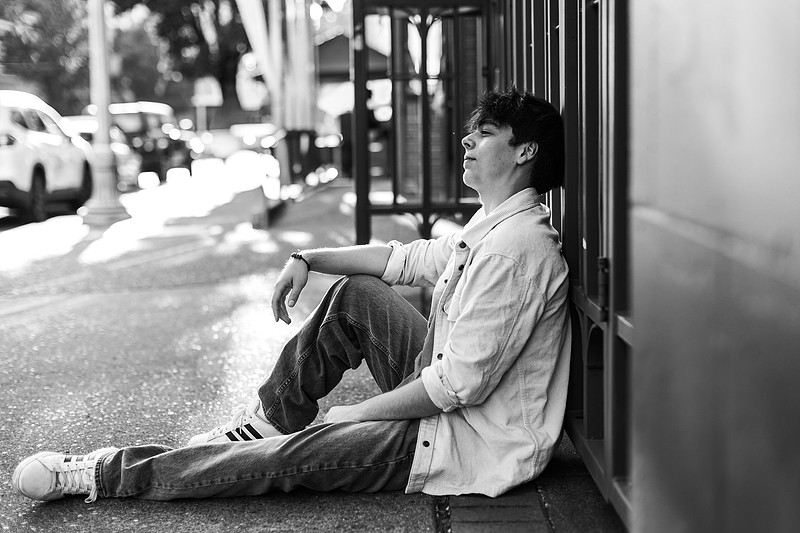 senior boy in downtown Vancouver, WA