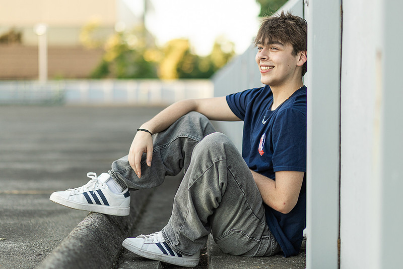 senior boy in downtown Vancouver, WA