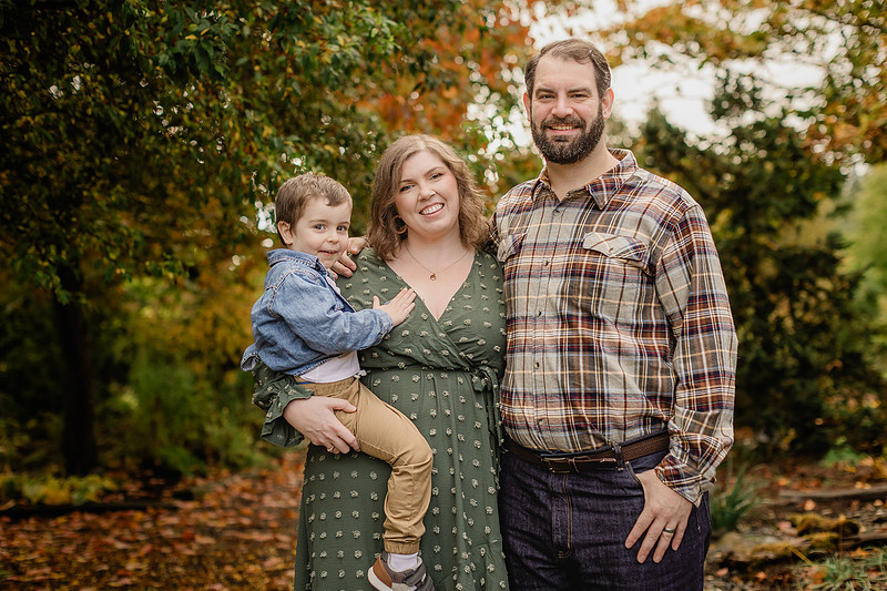 family of three in the fall in Vancouver, WA
