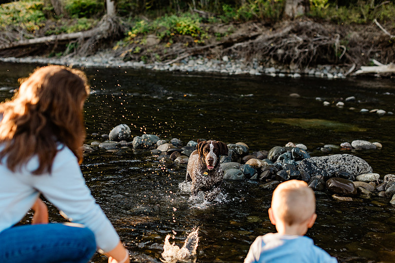 a boy, his mom and their dog playing by the river